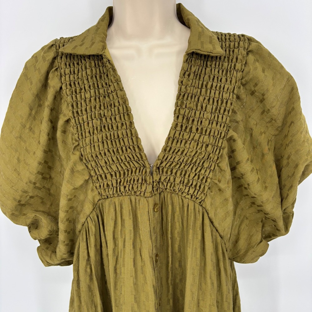 Entro Olive Green Smocked Puff Sleeve Midi Dress Textured V-Neck Sz Large